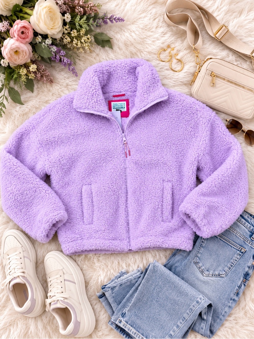 Bear Hug Sherpa Full Zip Sweatshirt In Violet